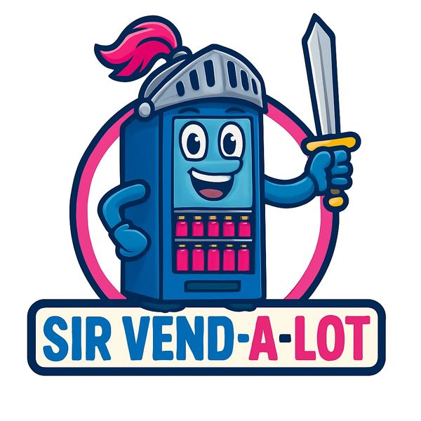 Cartoon vending machine knight with a sword and helmet, named Sir Vend-A-Lot.