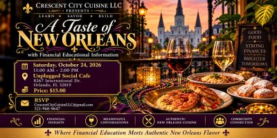 Event poster for 'A Taste of New Orleans' with food and financial info.