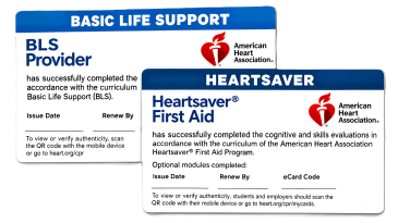 American Heart Association Basic Life Support and Heartsaver First Aid cards.