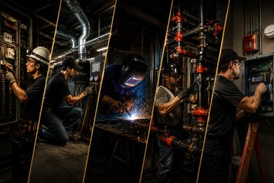 Skilled-trades professionals training in electrical, welding, HVAC, and mechanical work.