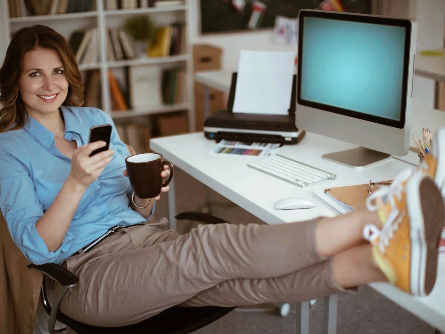 Woman relaxed happy content, no stress, has purpose and balance relationship, equilibrium.