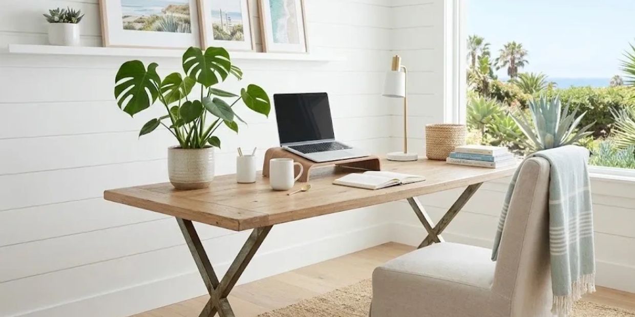 Coastal Office. Wood desk. View of a beautiful succulent landscape looking out to the ocean view.