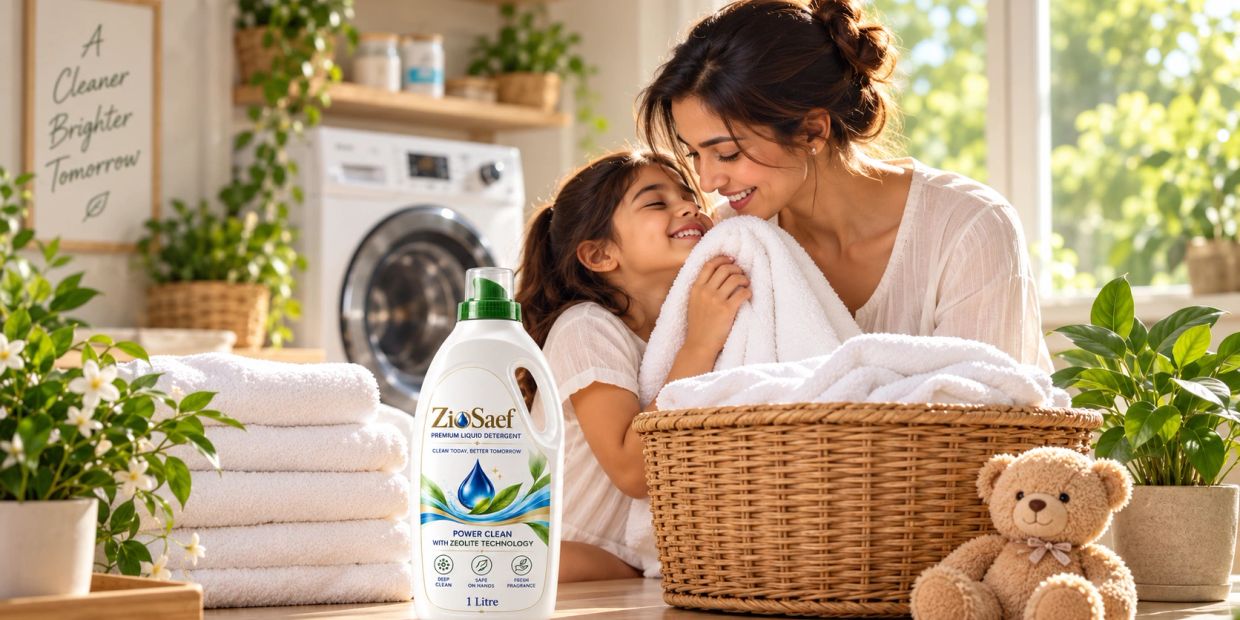 Mother and daughter enjoying fresh laundry with ZioSaef detergent.