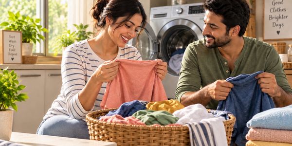 Couple happily folding laundry together at home.