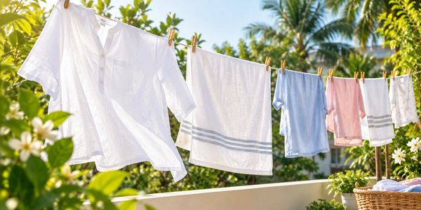 Clothes hung out to dry on a sunny day.