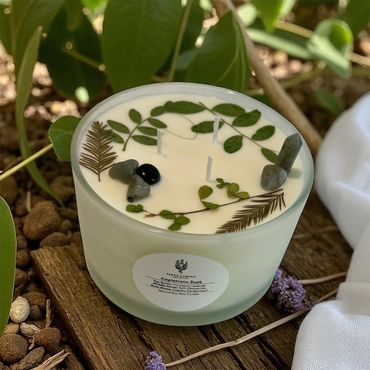 24 oz Capistrano Dusk adorned with pressed green leaves, fern, black onyx, and grey crystals.