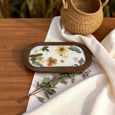 Woodland Tray, adorned with pressed flowers, ferns, and clear quartz.