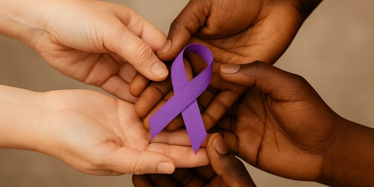 Hands joined together, holding a purple ribbon symbolizing domestic violence awareness and support.
