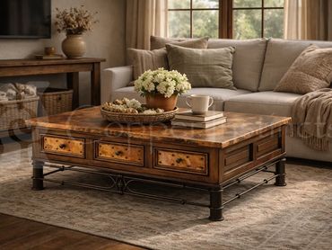 6 Drawer Coffee Table W/ Hammered Copper & Pablo Iron Base