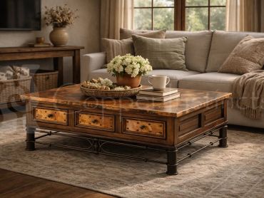 6 Drawer Coffee Table W/ Hammered Copper & Pablo Iron Base