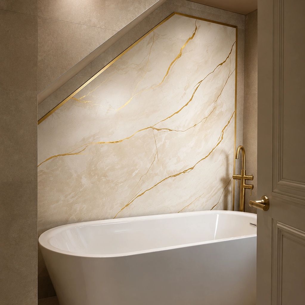 Elegant bathroom with white bathtub and gold-veined marble wall.