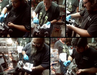 Victor, "Zeus", John, Tobin and I add the  powdered WTC fragments to a canister to make damascus.