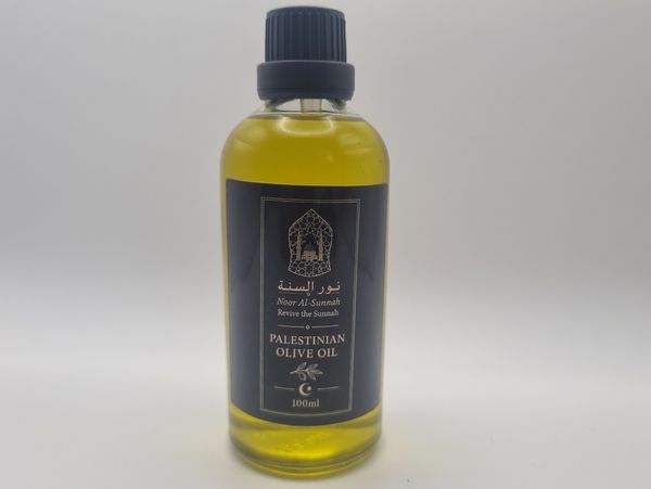 Bottle of Palestinian olive oil with black label.
