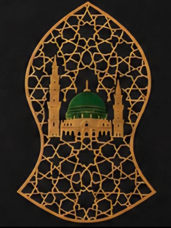 Intricate wooden Islamic art with green dome.