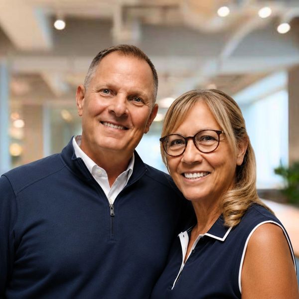 Smiling middle-aged man and woman in casual outfits indoors.