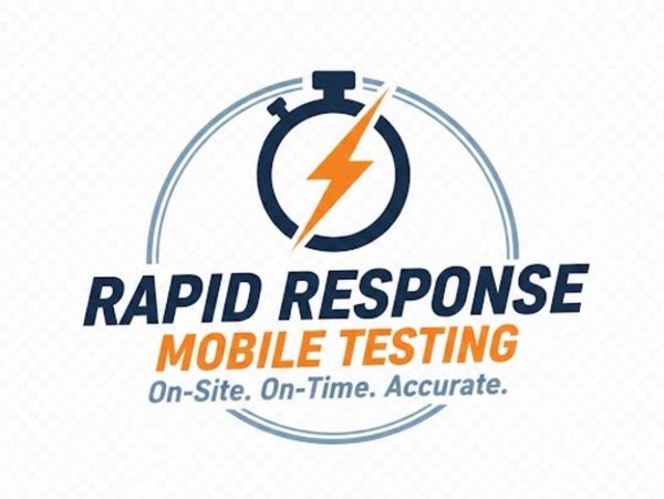 Logo for Rapid Response Mobile Testing with stopwatch and lightning bolt.