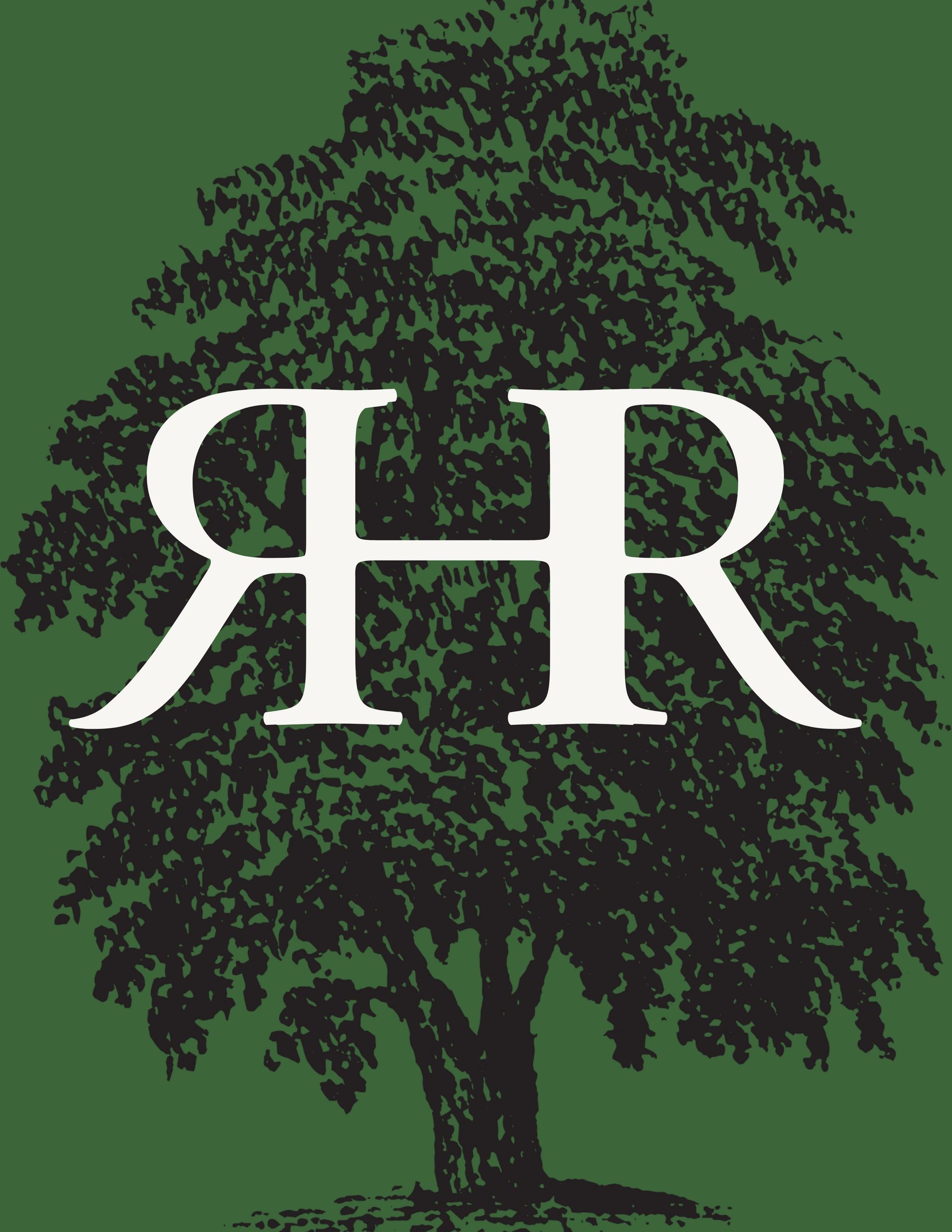Stylized black tree silhouette on green background with large white letters.