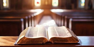 Open Bible on a church podium with pews in background.
