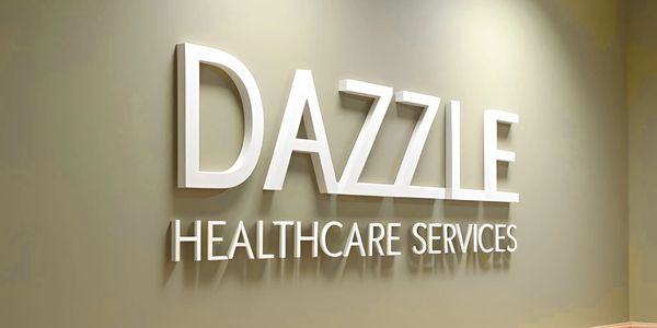 3D wall sign displaying 'DAZZLE HEALTHCARE SERVICES' in white letters.