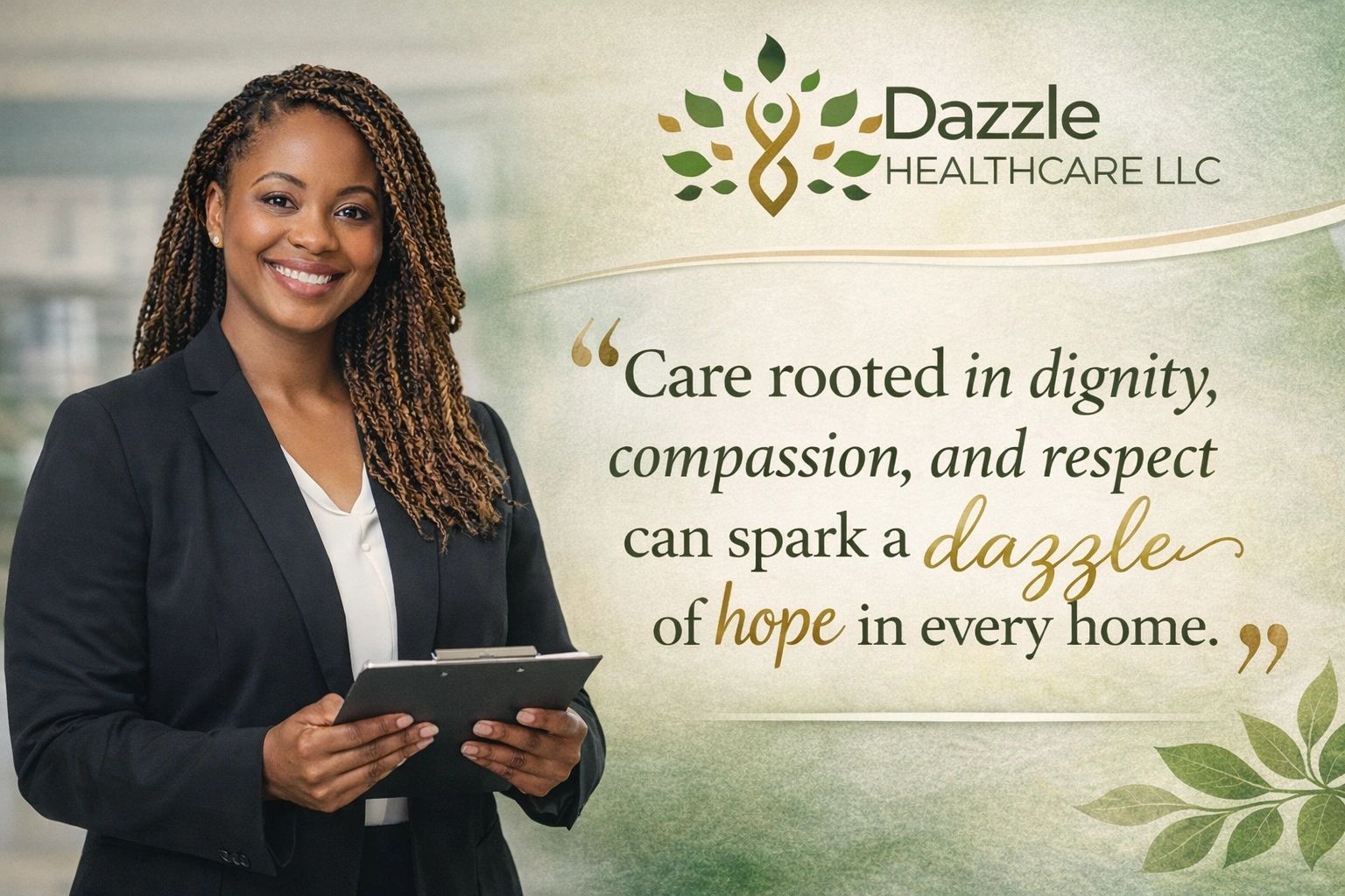 Founder of Dazzle healthcare smiling with care and compassion