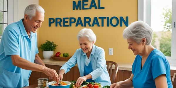 Three elderly individuals happily preparing a healthy meal together.