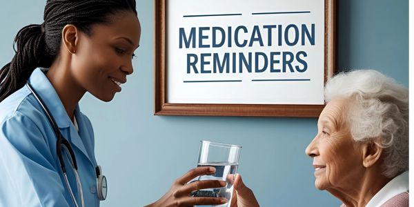 A nurse handing a glass of water to an elderly woman under a medication reminders sign.