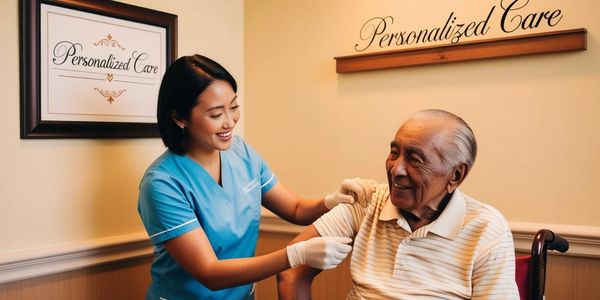 Nurse giving a vaccine to an elderly man with personalized care signs.