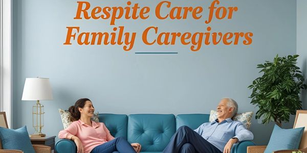 Two people relaxing on a blue couch under a sign about respite care for family caregivers.
