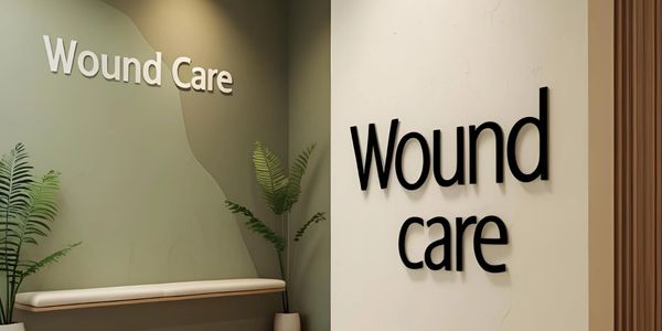Modern wound care clinic interior with plants and bench.