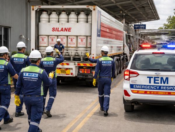 Emergency responders inspect a truck carrying silane gas cylinders at a gas yard.