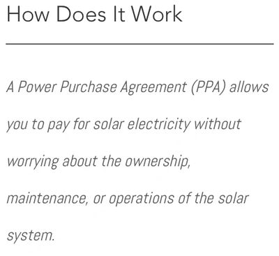 Graphic explaining a Power Purchase Agreement (PPA) for commercial solar electricity.