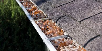 Residential rain gutter filled with leaves and debris on a gray asphalt shingle roof.