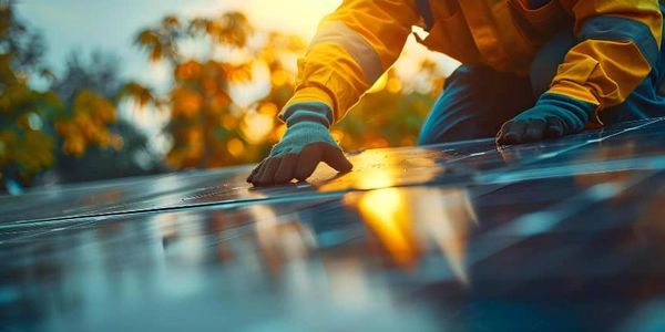 Roofing contractor installing a commercial solar panel