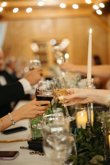 Two people clinking wine glasses in a festive celebration.