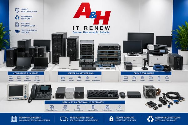 Computers, monitors, servers, printers, and network equipment prepared for recycling.