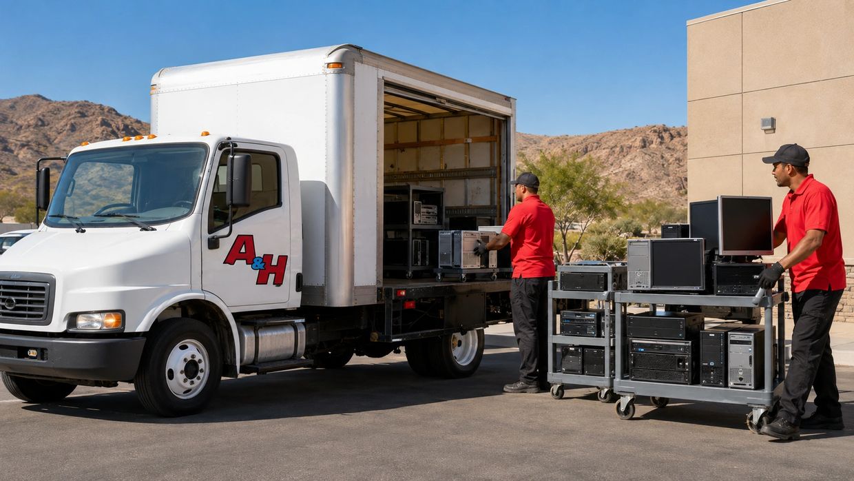 A&H IT Renew workers load business electronics for recycling during a Barstow pickup.