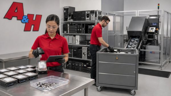 A&H IT Renew records hard drives before secure physical shredding at its facility.