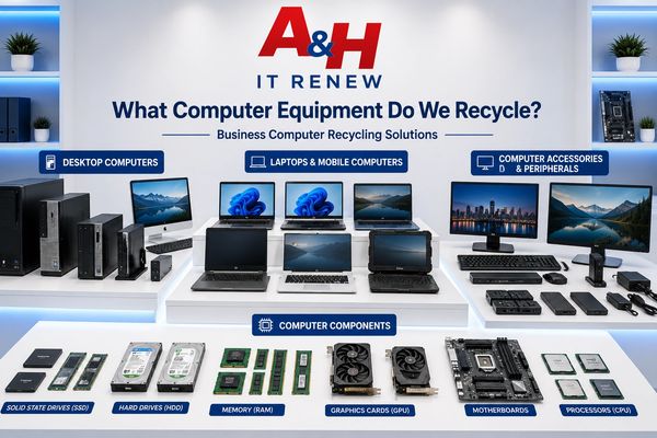 Desktops, laptops, servers, monitors, and computer accessories prepared for recycling.