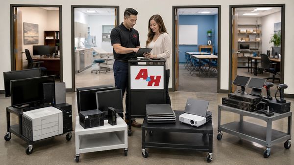 A business representative reviews mixed electronics from several Chino Hills offices.