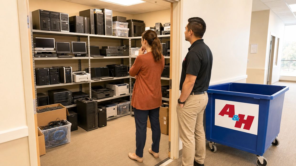 A&H IT Renew reviews retired electronics stored in a Colton business back room.