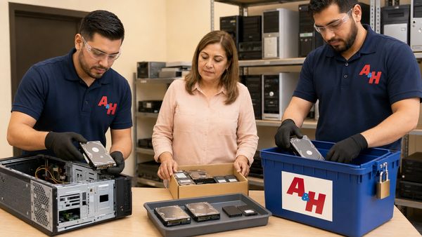 Old hard drives and SSDs are secured for documented off-site shredding.