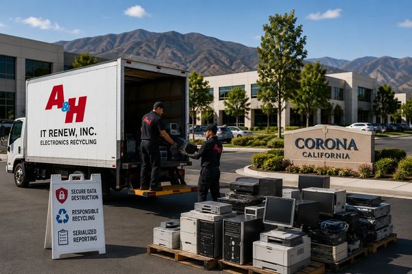 A&H IT Renew business e-waste recycling pickup with retired electronics in Corona, California.