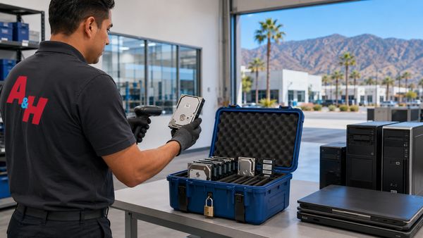 A&H IT Renew secures business hard drives for off-site destruction after a Corona pickup.