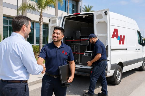 A&H IT Renew team loading electronics during a scheduled Eastvale business pickup.