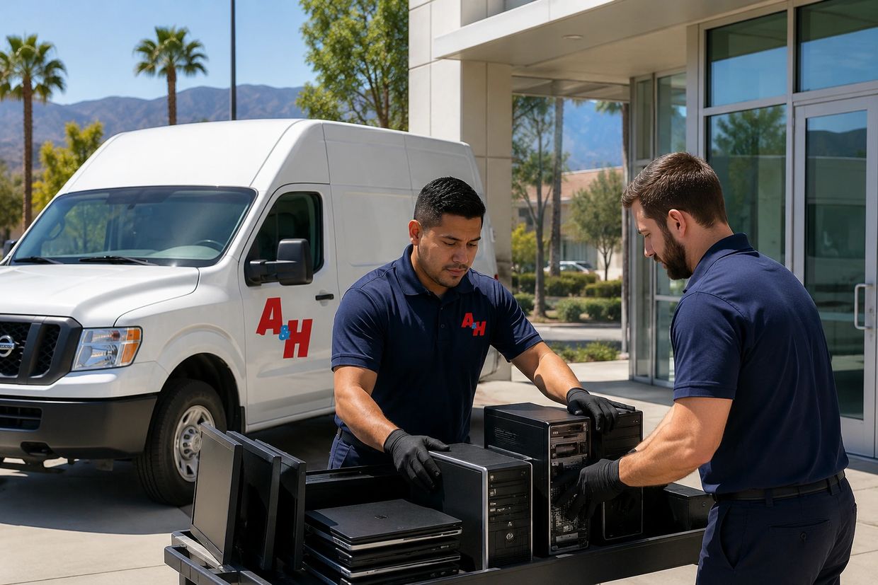 Technicians collecting retired business computers and electronics in Eastvale.
