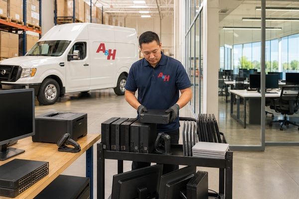 Eastvale warehouse manager coordinating a commercial electronics recycling pickup.