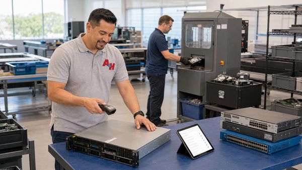 Technicians document equipment for serialized reporting and secure hard drive shredding.