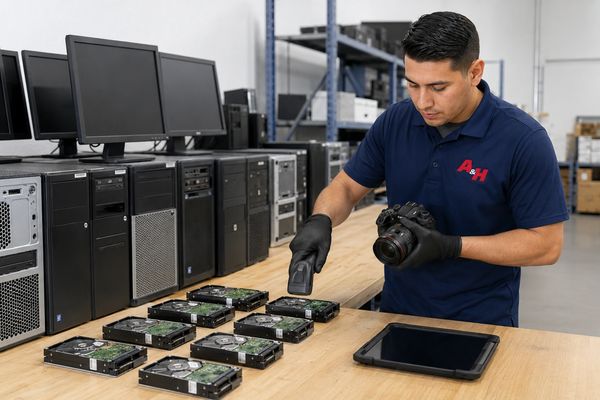 A&H IT Renew documenting retired electronics and hard drives from a Jurupa Valley business.