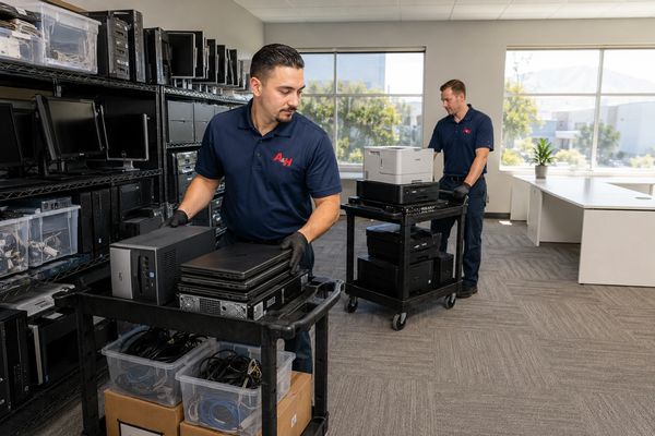 A&H IT Renew removing outdated electronics from a Jurupa Valley business storage area.
