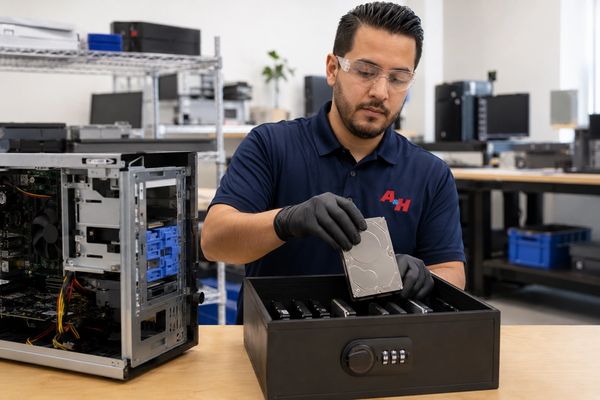 A&H IT Renew securing business hard drives for data destruction after a Jurupa Valley pickup.